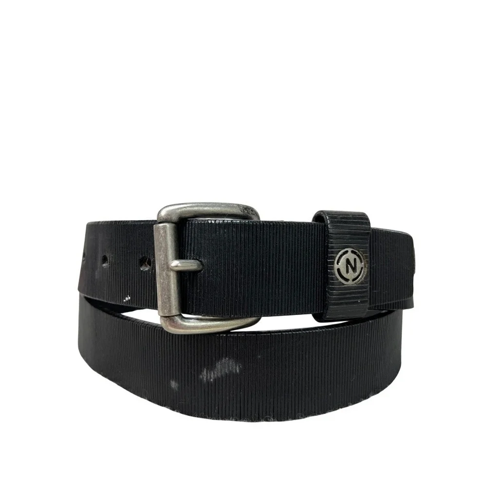 Nautica Mens Black Genuine Leather Ribbed Texture Belt Silver Buckle Size 40